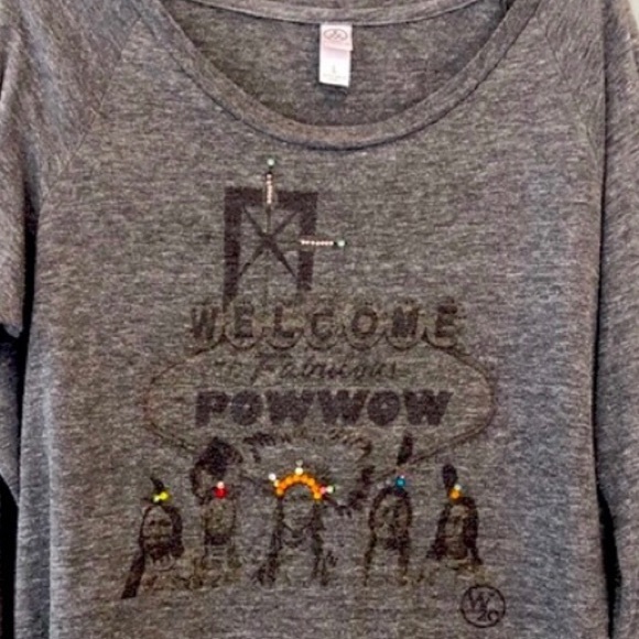 Alternative Tops - “A Powwow Welcome” Native American gray t-shirt embellished with rhinestones